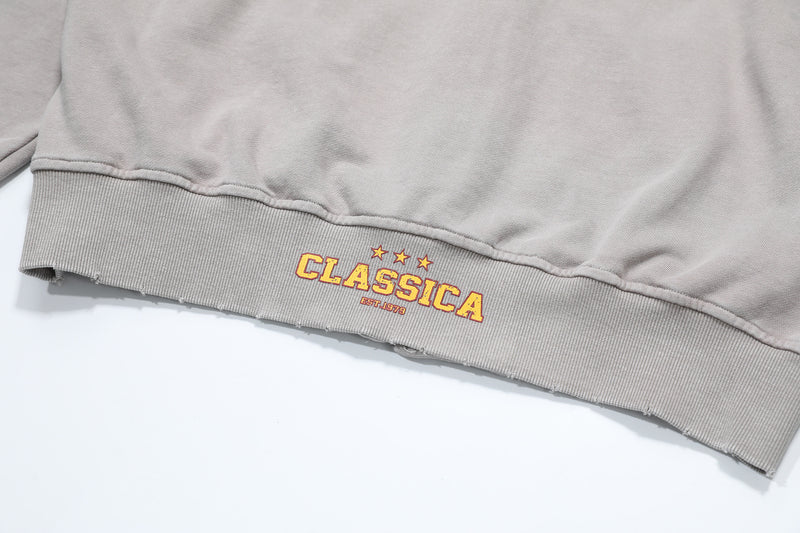 Zip-Up Cropped Hoodie Acid Wash Heraldic Crest Streetwear