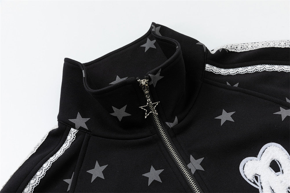 Star Print Zip-Up Track Jacket – Black Allover Star Streetwear Bomber