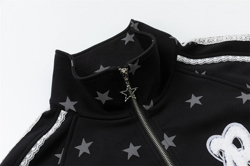 Star Print Zip-Up Track Jacket – Black Allover Star Streetwear Bomber