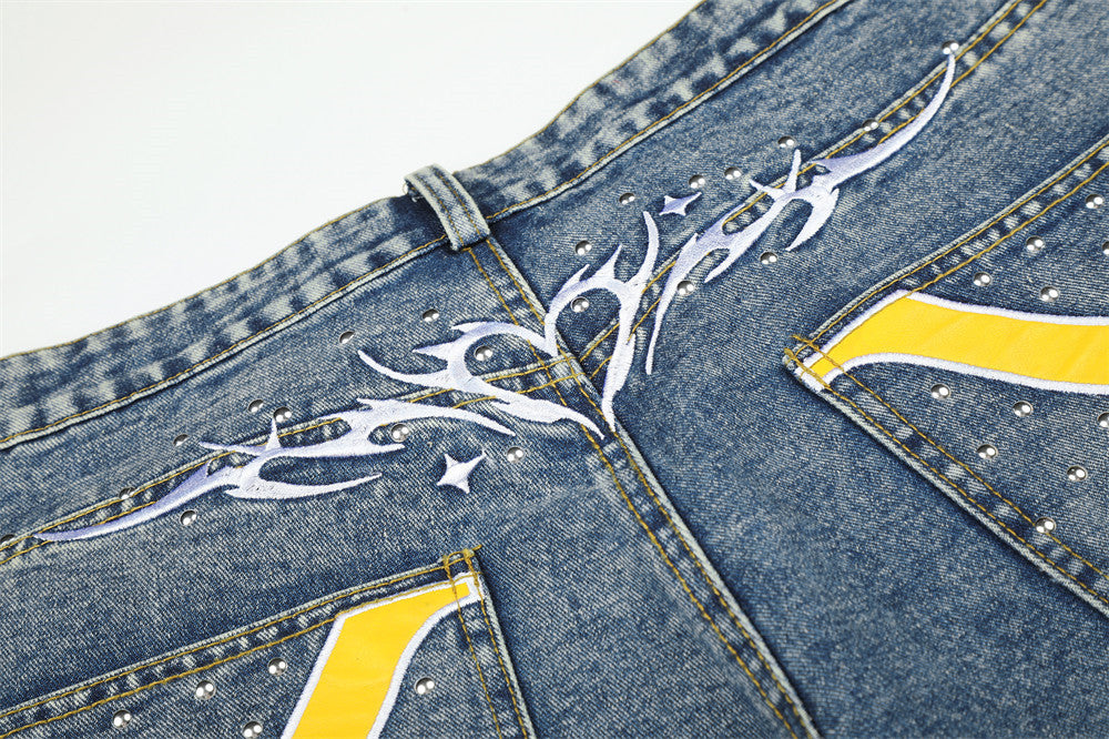 Wide-Leg Baggy Jeans with Cross Pocket Embroidery & Washed Distressed Finish