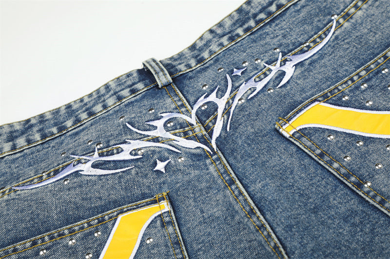 Wide-Leg Baggy Jeans with Cross Pocket Embroidery & Washed Distressed Finish