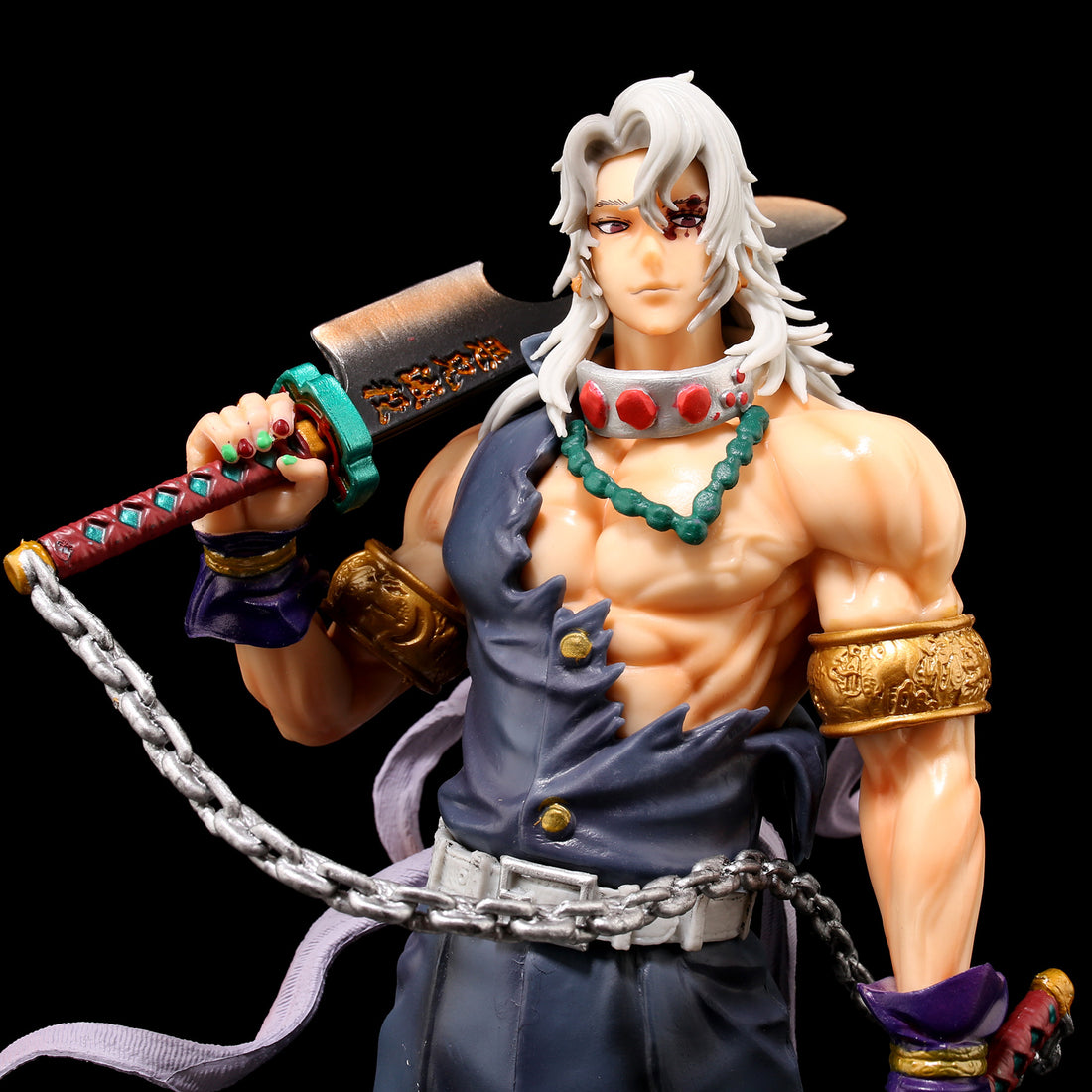 The Ubuyashiki Tengen Demon Slayer PVC Figure by Demon Slayer is a 30cm high-quality collectible, capturing the essence of the Sound Hashira with its detailed depiction of a muscular anime character, featuring long white hair and a large sword against a black backdrop—ideal for any fan.