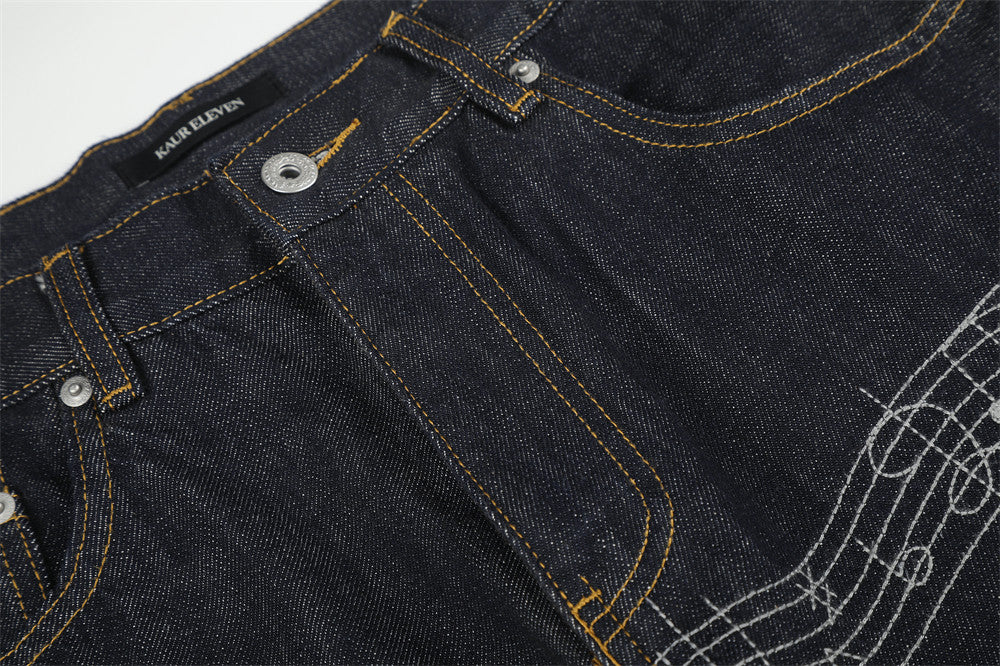 Wide-Leg Raw Denim Jeans with Music Note Embroidery