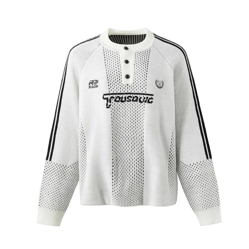 Retro Varsity Stripe Knit Sweater — Open-Knit Henley with Raglan Sleeves
