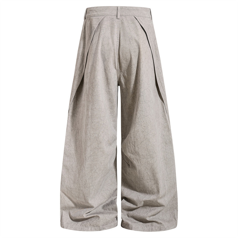 Wide-Leg Pleated Drape Pants – Acid Wash Baggy Trousers with Zip Pockets