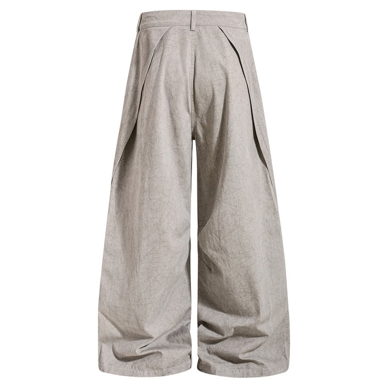 Wide-Leg Pleated Drape Pants – Acid Wash Baggy Trousers with Zip Pockets