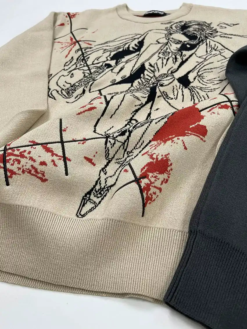 Nanami Kento Blood Splatter Anime Knit Crewneck Sweater Dark Charcoal