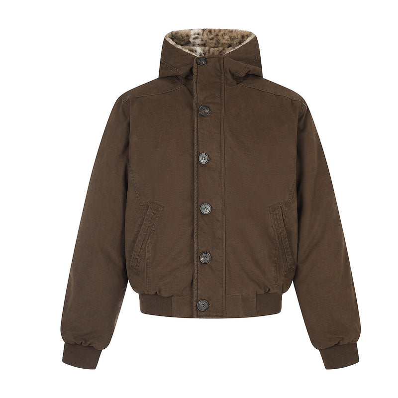 Hooded Bomber Jacket with Faux Leopard Fur-Lined Hood – Relaxed Fit Winter