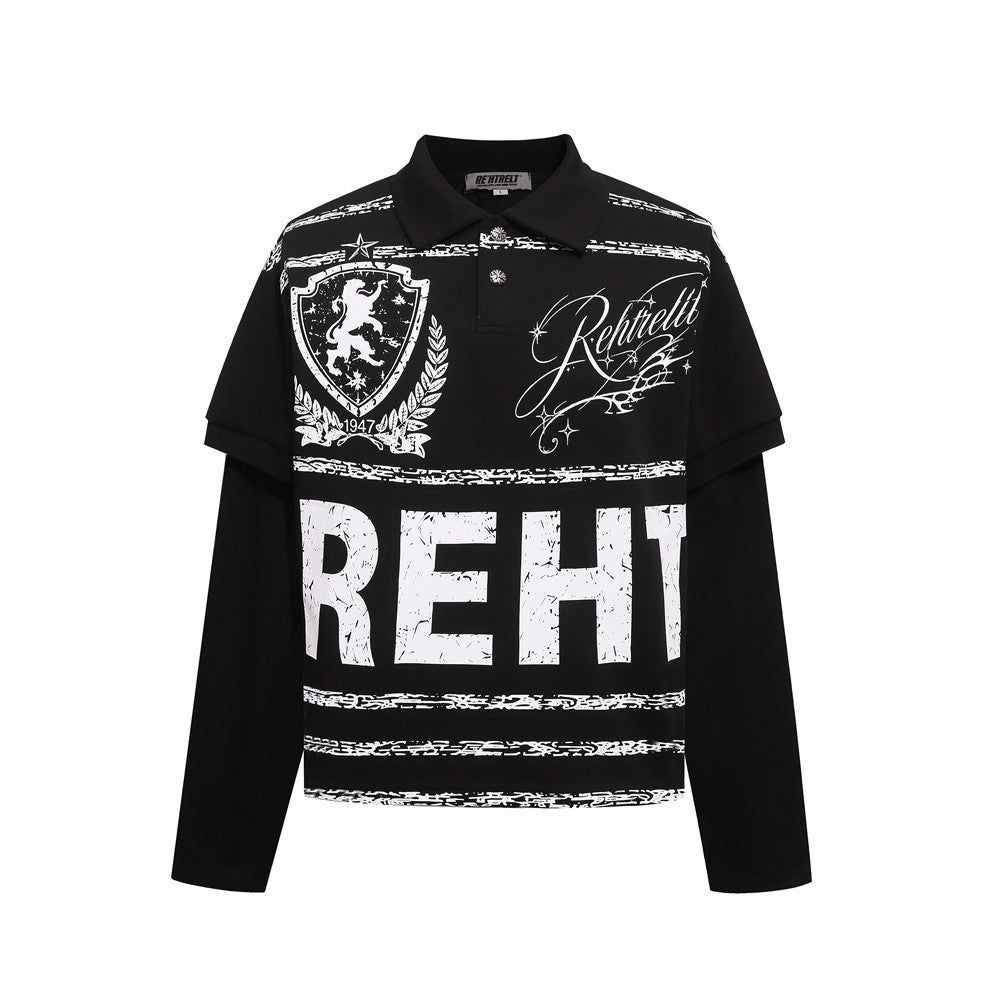 Men's Graphic Print Polo Layered Long-Sleeve Shirt – Streetwear Hip-Hop Style