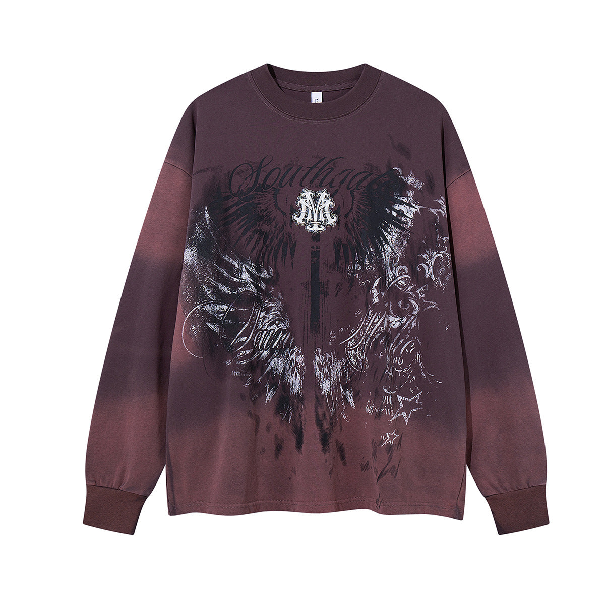T-shirt graphique oversize à manches longues effet acid wash, imprimé ailes et lettrage manuscrit, marron camel et bordeaux profond