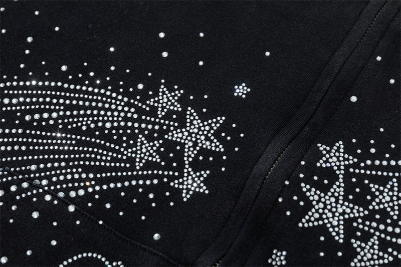Sweat à capuche zippé avec étoile filante en strass – Streetwear oversize à double zip