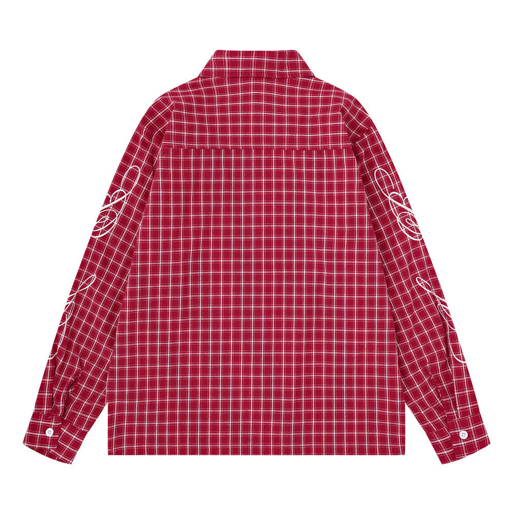 Mens Red Button Up Shirt Plaid Star Patch Long Sleeve Oversized Flannel