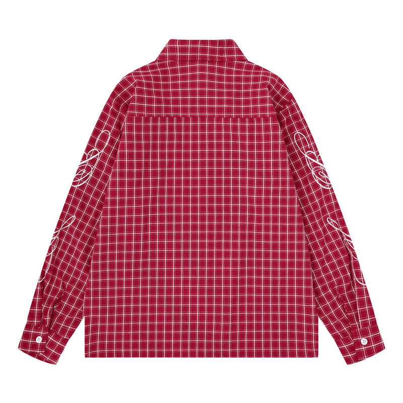 Mens Red Button Up Shirt Plaid Star Patch Long Sleeve Oversized Flannel