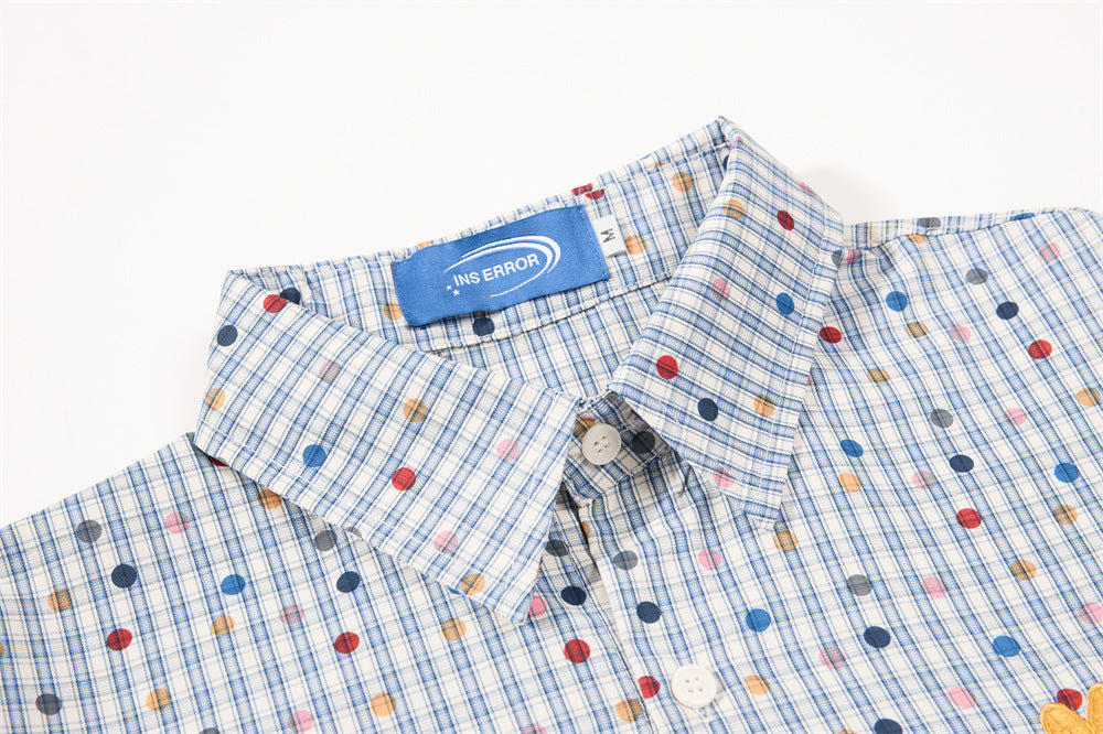 Men's Plaid Long Sleeve Shirt with Cartoon Dog Embroidery and Colorful Polka Dot