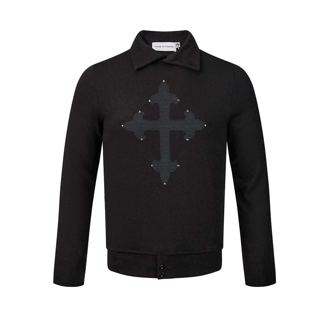 Polo manches longues avec écusson croix clouté – Haut streetwear vintage à ourlet brut