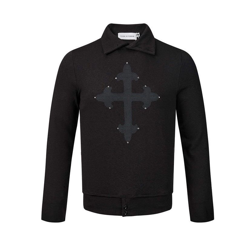 Polo manches longues avec écusson croix clouté – Haut streetwear vintage à ourlet brut