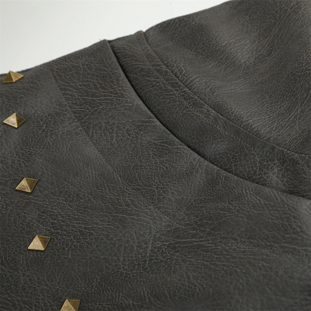 Punk Fur-Collar Studded PU Leather Hooded Bomber Jacket