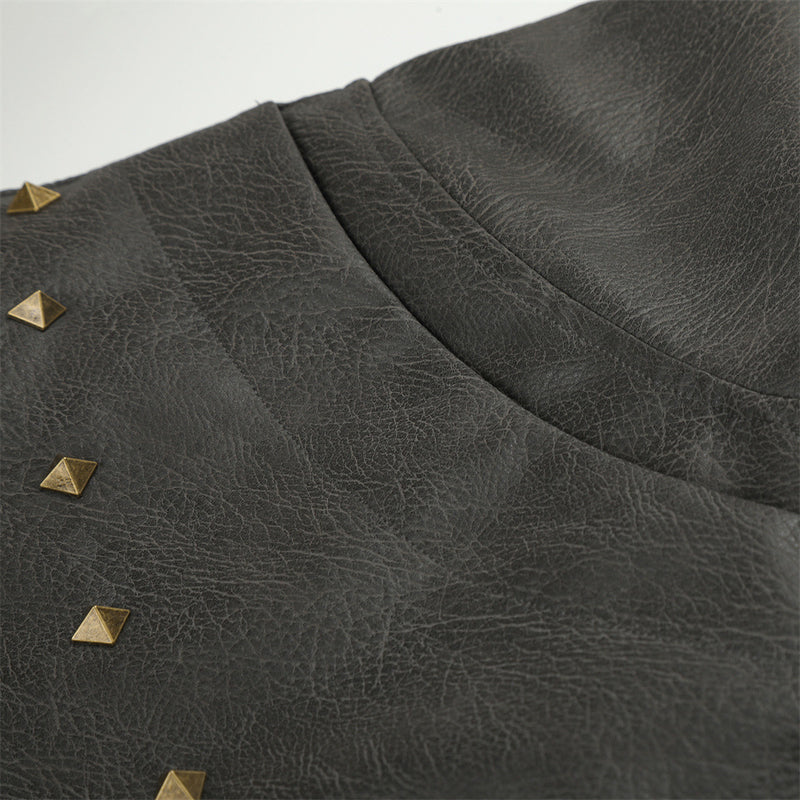 Punk Fur-Collar Studded PU Leather Hooded Bomber Jacket