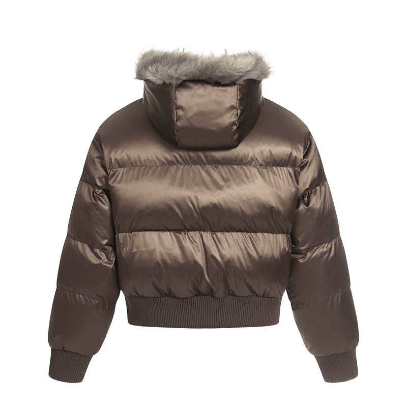 Blouson bomber matelassé court à col en fourrure – Manteau d’hiver à capuche et écussons graphiques