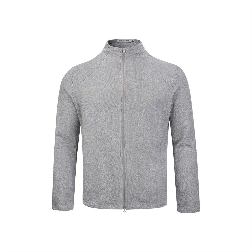 Men's slim-fit full-zip mock neck knit jacket in light grey, front view