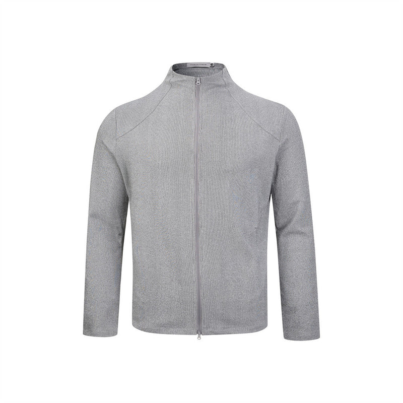 Men's slim-fit full-zip mock neck knit jacket in light grey, front view