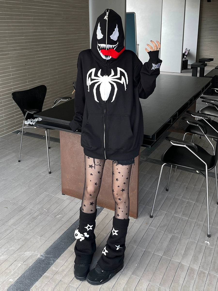 Venom-Inspired Hoodie with Signature Tongue and Spider Logo Design