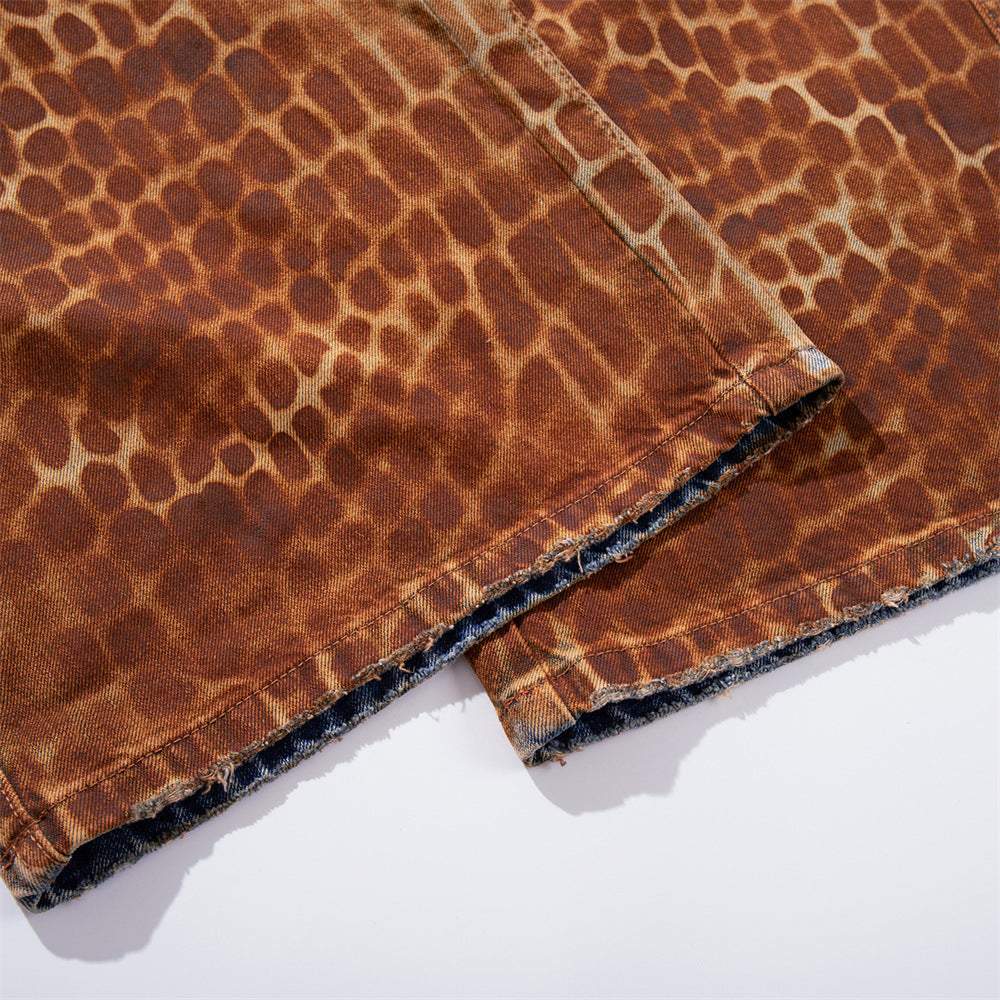 Leopard Print Wide-Leg Denim Shorts – Washed Rust Brown Animal Print