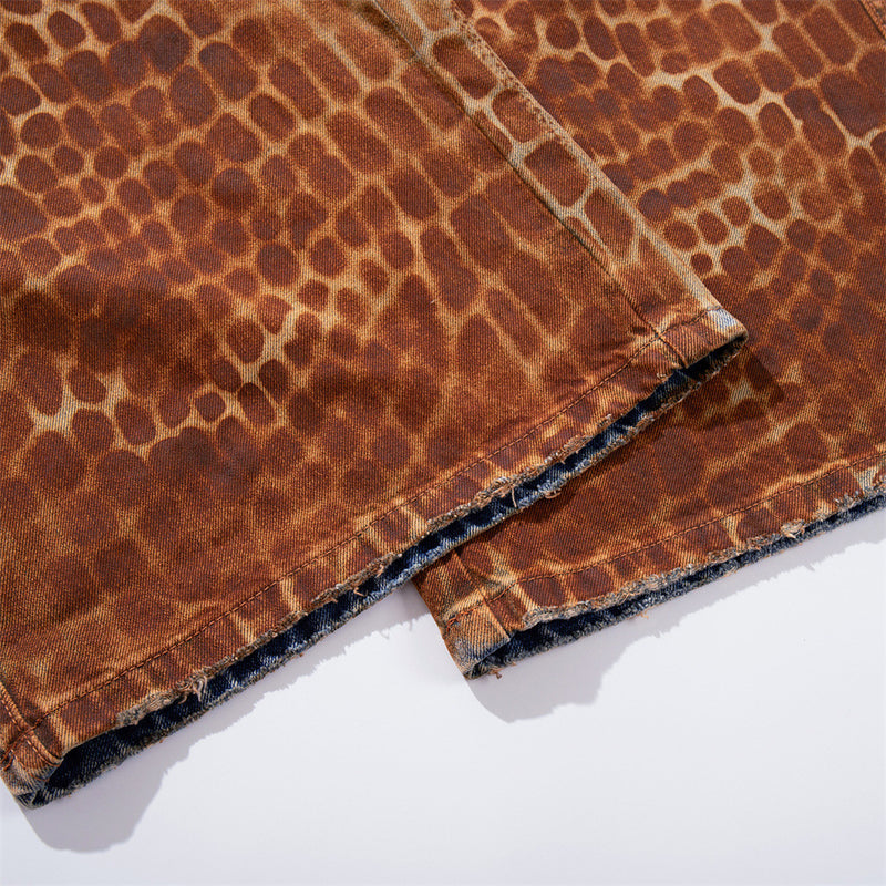 Leopard Print Wide-Leg Denim Shorts – Washed Rust Brown Animal Print