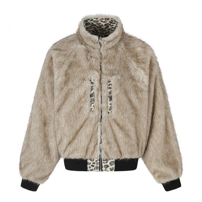 Reversible Faux Fur Leopard Print Bomber Jacket – Men's Oversized Stand Collar