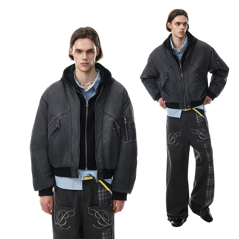 Oversized Padded Bomber Jacket – Faux Two-Piece Hooded Cotton Outerwear