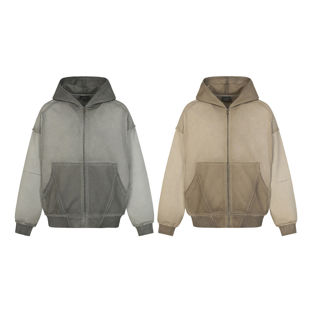 Oversized Zip-Hoodie – Gewaschenes Patchwork-Sweatshirt mit deconstructed Raw-Edge-Look