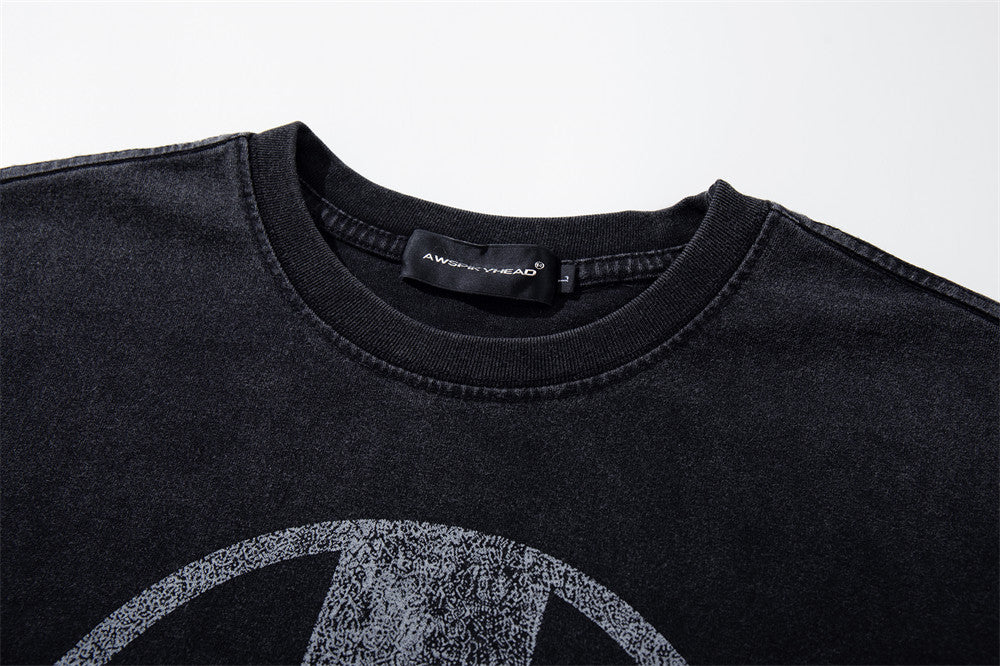 Long Sleeve Graphic Tee – AWS Eternal 1996 Circle Print, Distressed Washed Black