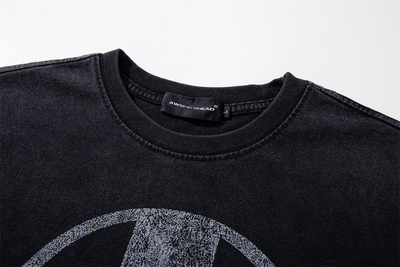 Long Sleeve Graphic Tee – AWS Eternal 1996 Circle Print, Distressed Washed Black