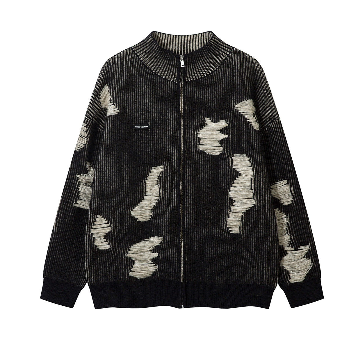 Distressed knit zip-up cardigan jacket in black with off-white frayed patch detailing and ribbed mock-neck collar, front view