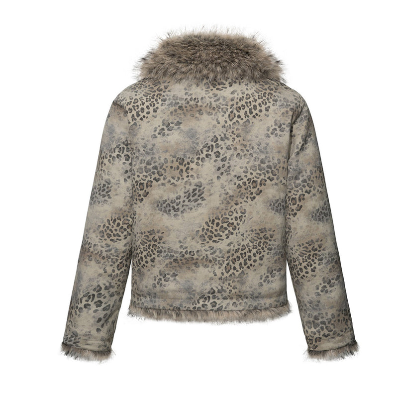 Men's Leopard Print Padded Jacket with Faux Fur Collar & Trim
