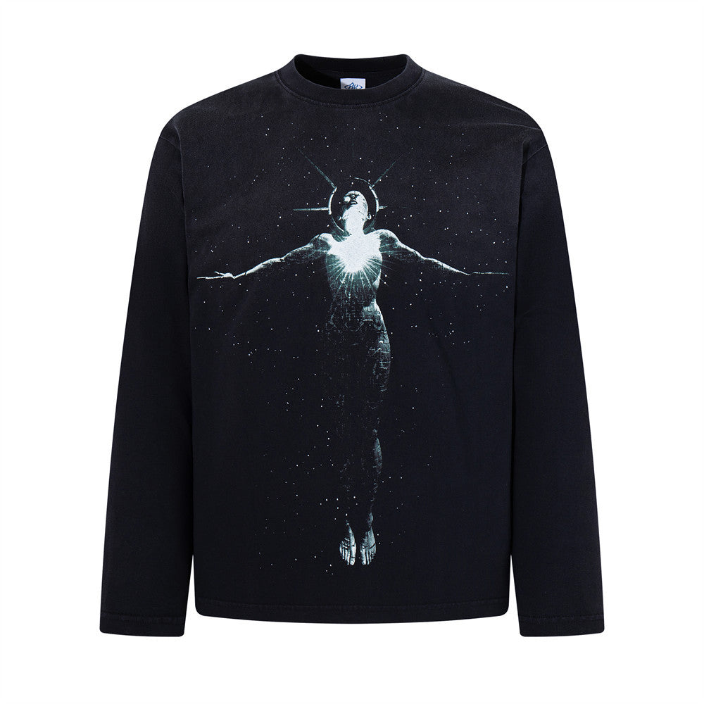 Oversized-Grafik-Langarmshirt für Herren in Schwarz mit kosmischem Figurenprint auf der Vorderseite und „Midnight Rave Party“-Schriftzug auf dem Rücken