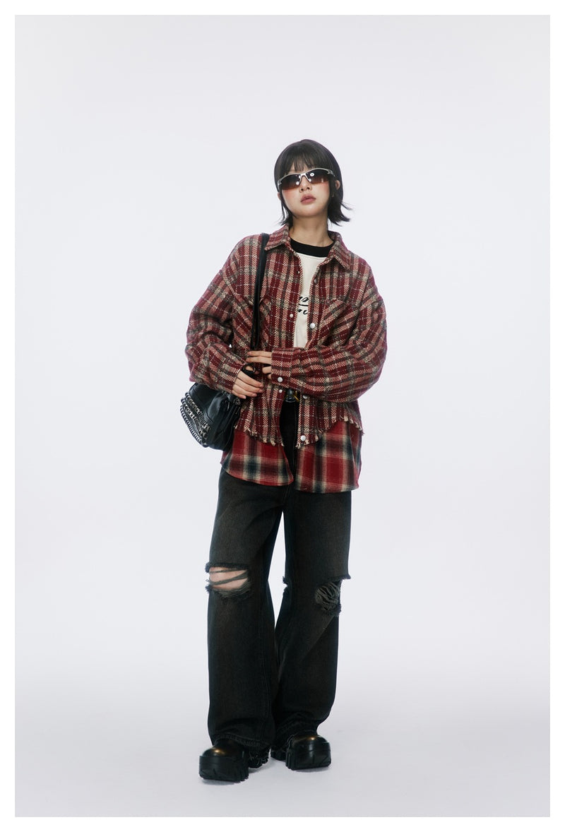 Vintage Plaid Patchwork Fringe Jacket – Oversized Unisex Overshirt