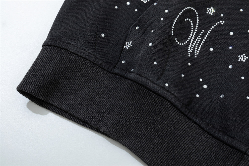 Sweat à capuche zippé avec étoile filante en strass – Streetwear oversize à double zip