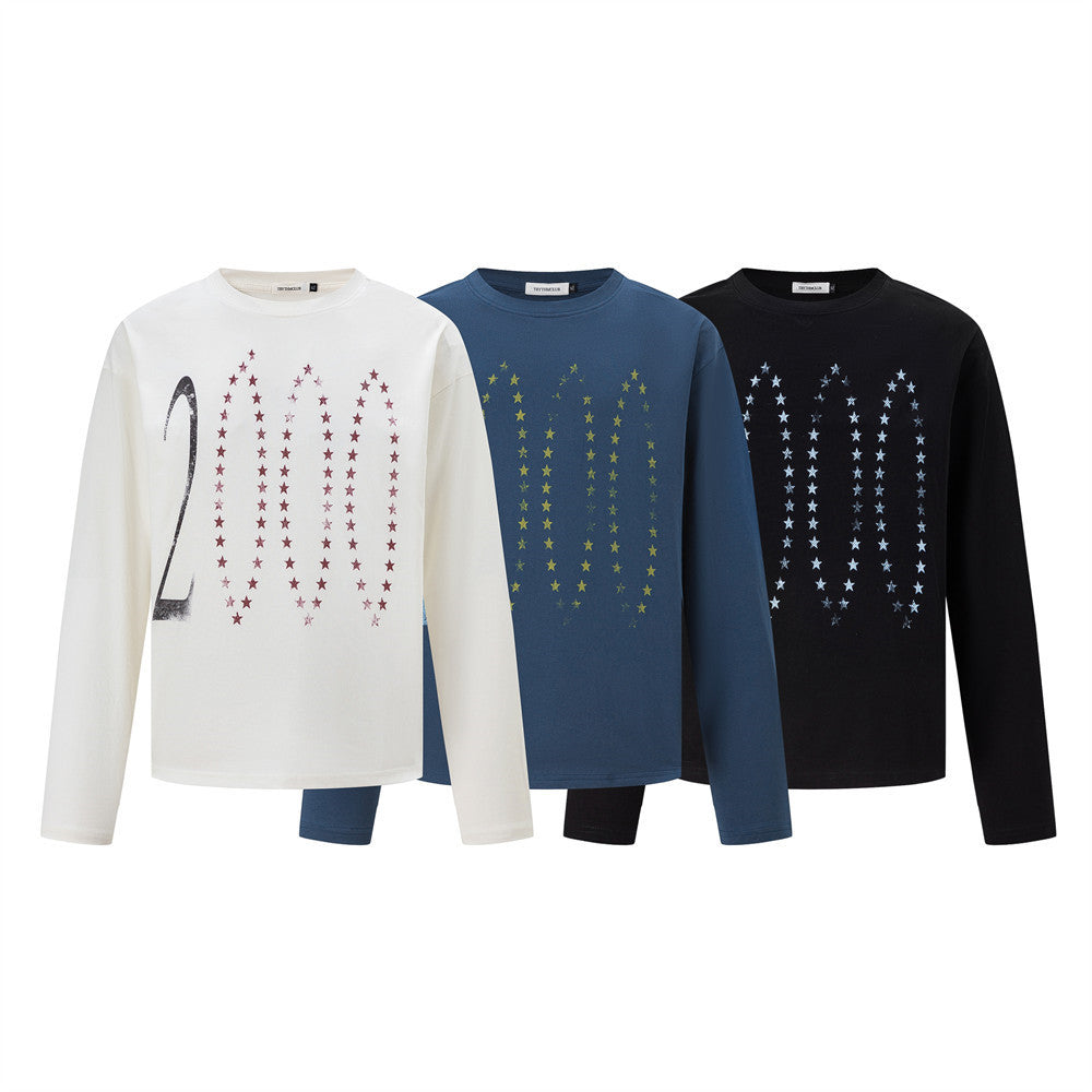 Long-Sleeve Star Print T-Shirt – Relaxed Fit Crew Neck Top