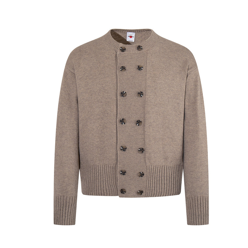 Double-breasted knit cardigan sweater in almond with dark decorative buttons and ribbed crew neckline