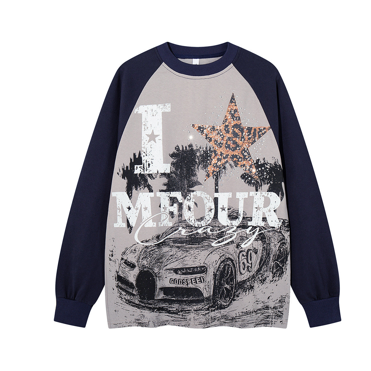 Long Sleeve Raglan Graphic T-Shirt – Oversized American Street Style with Star &