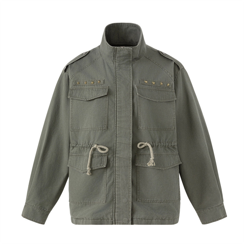 Men's washed olive military field jacket with gold star studs on chest pockets, four cargo pockets, rope drawstring waist, an