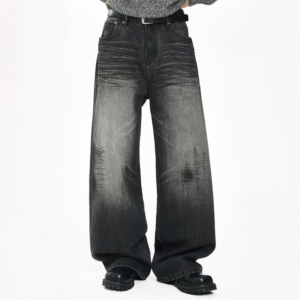 Wide-Leg-Baggy-Jeans – Verwaschene schwarze Distressed-Denim-Herrenjeans