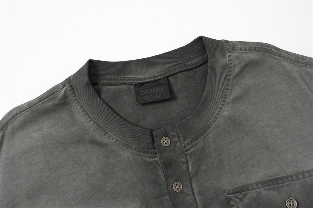 Acid Wash Oversized Henley T-Shirt with Dual Chest Pockets