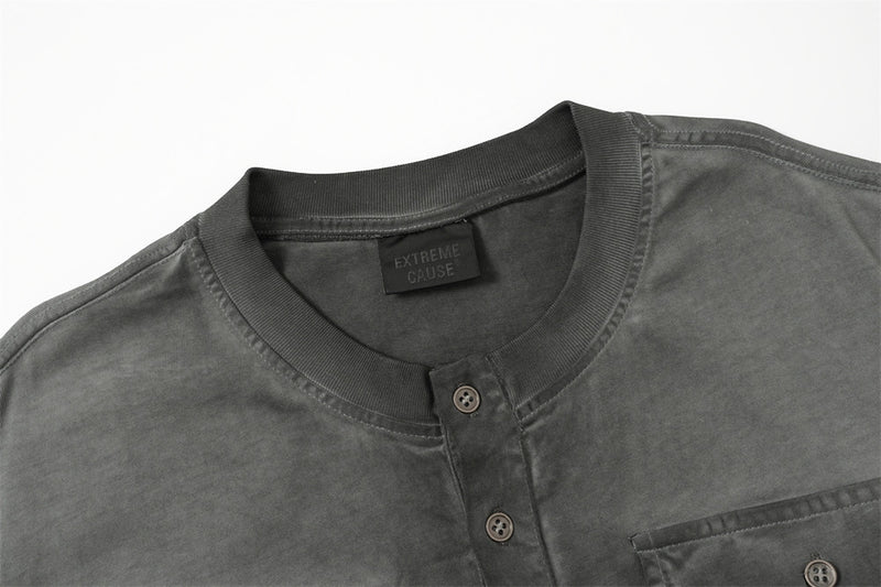 Acid Wash Oversized Henley T-Shirt with Dual Chest Pockets