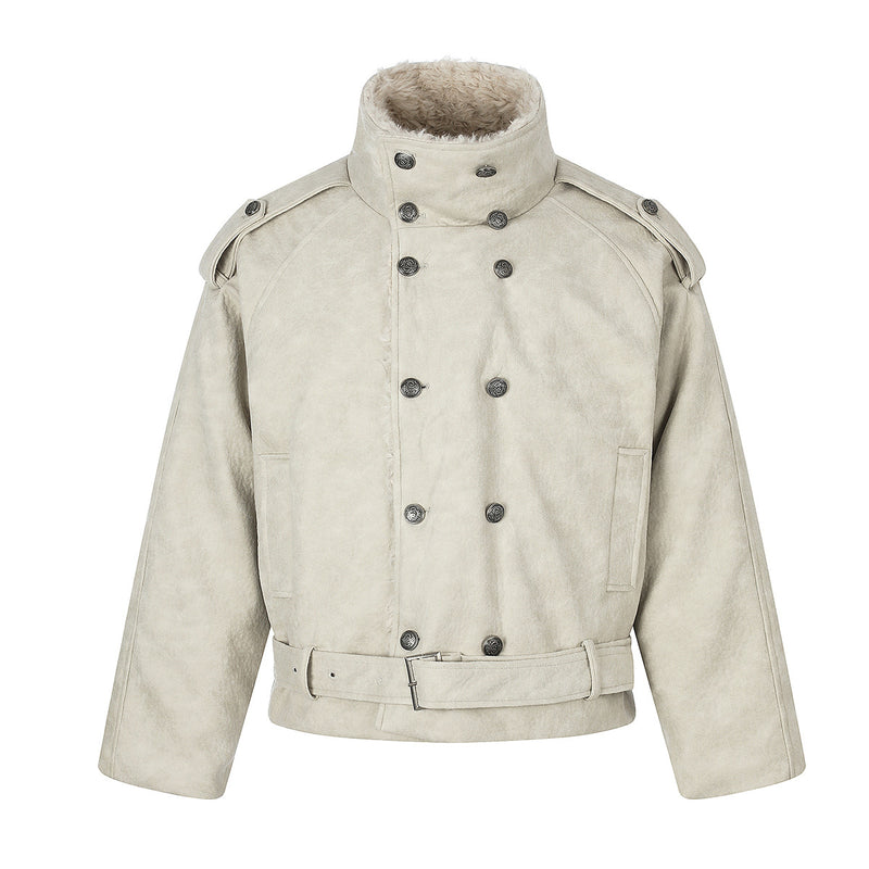Double-Breasted Shearling-Collar Padded Jacket with Waist Belt
