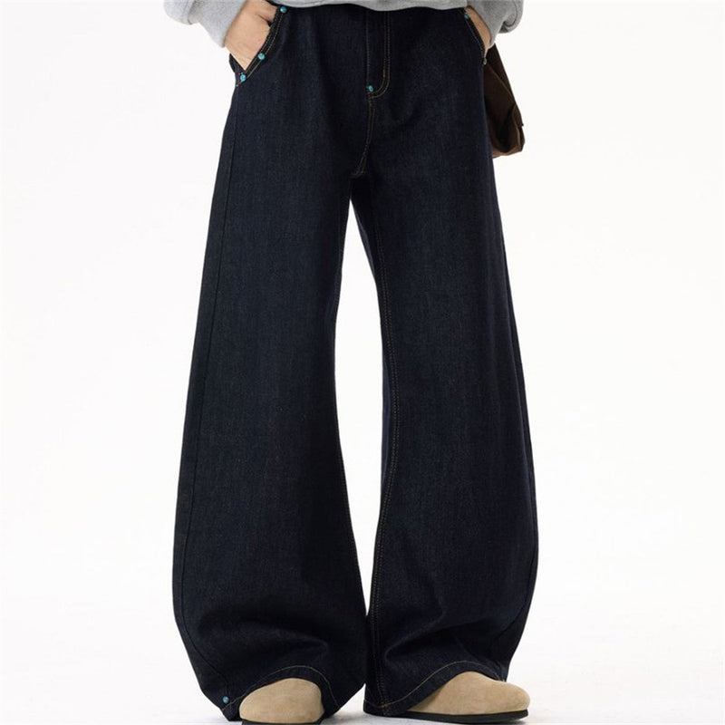 Wide-Leg Barrel Jeans – Turquoise Stud Detail, Curved Silhouette