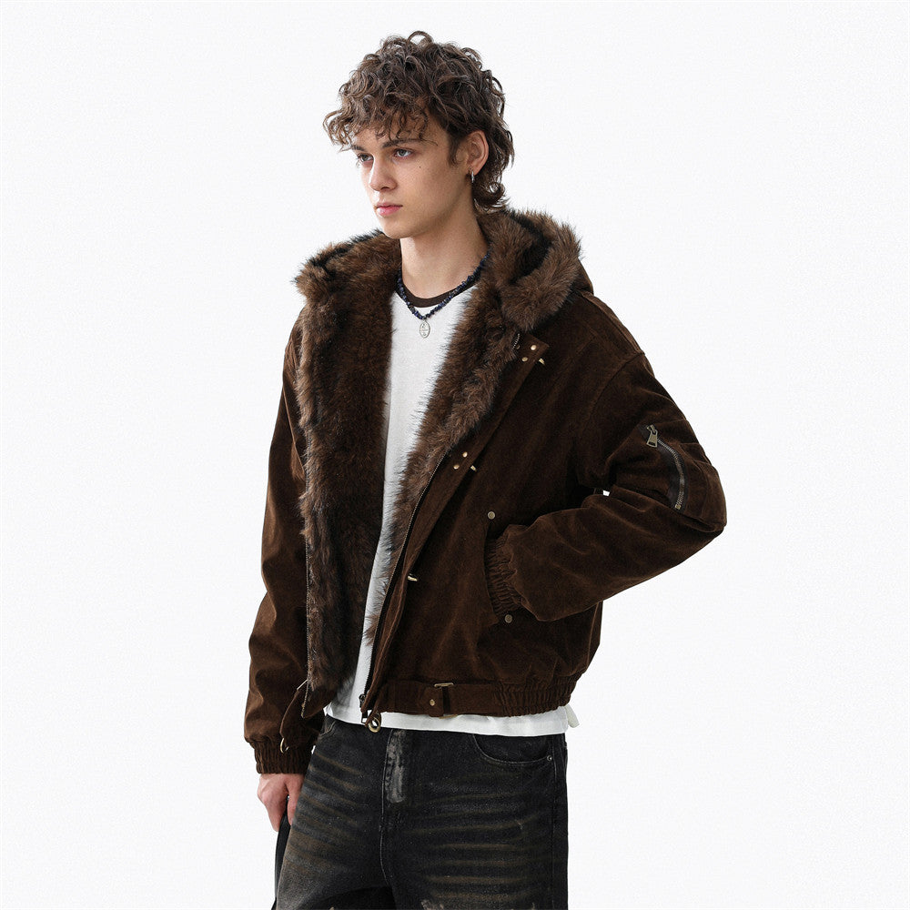 Faux Mink Fur-Trimmed Hooded Bomber Jacket with Toggle Clasps