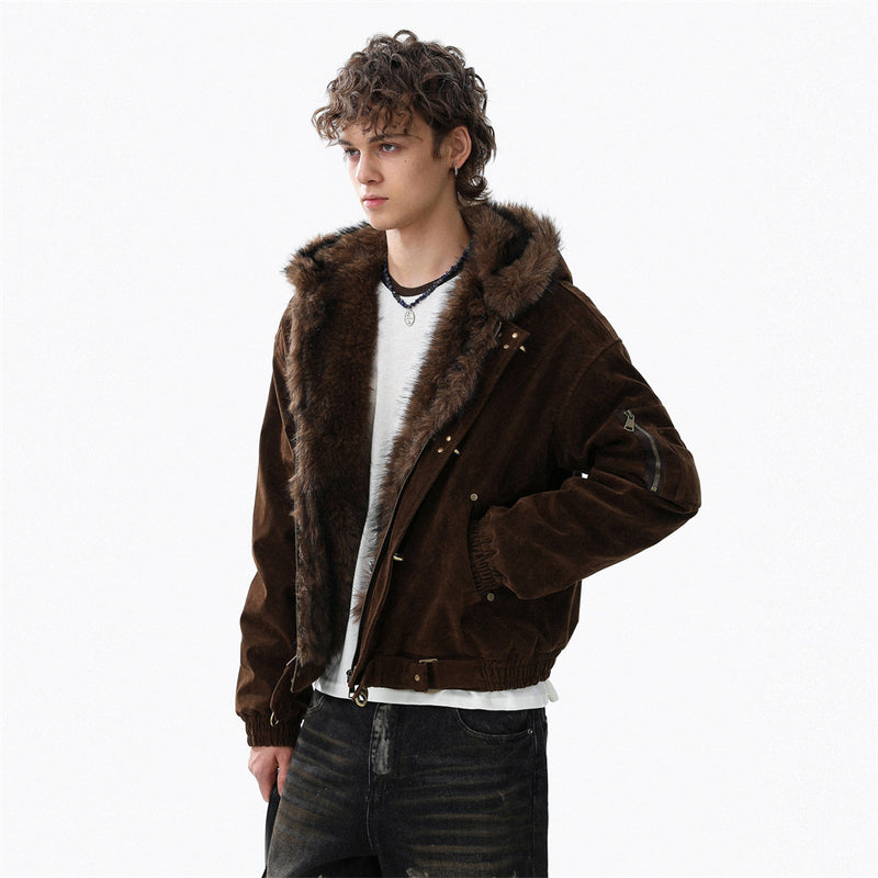 Faux Mink Fur-Trimmed Hooded Bomber Jacket with Toggle Clasps