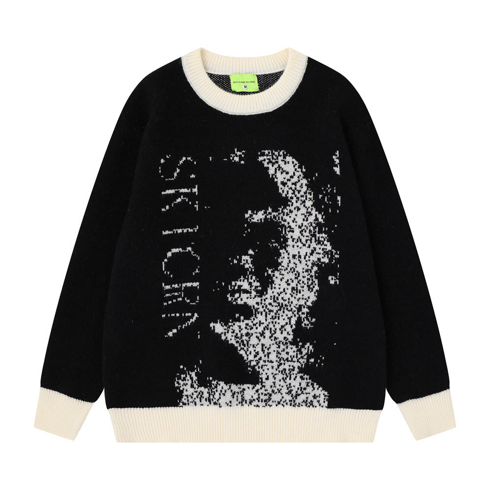 Men's Crew Neck Jacquard Knit Sweater – Pixelated Portrait Graphic, Contrast